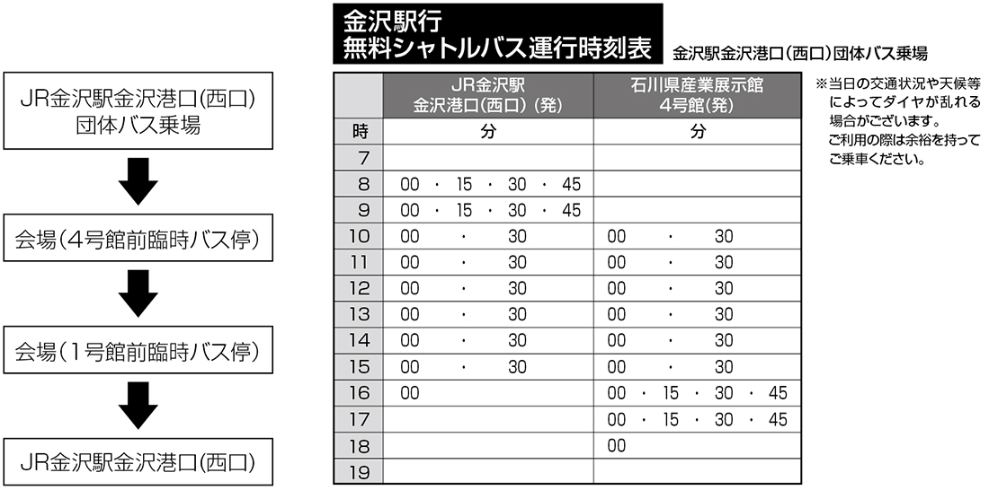 金沢駅行無料シャトルバス 運行時刻表
